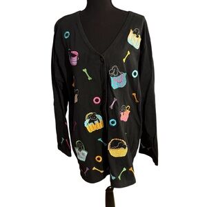 Michael Simon Lite Women’s One Plus Black Cardigan Shirt Dog Colorful